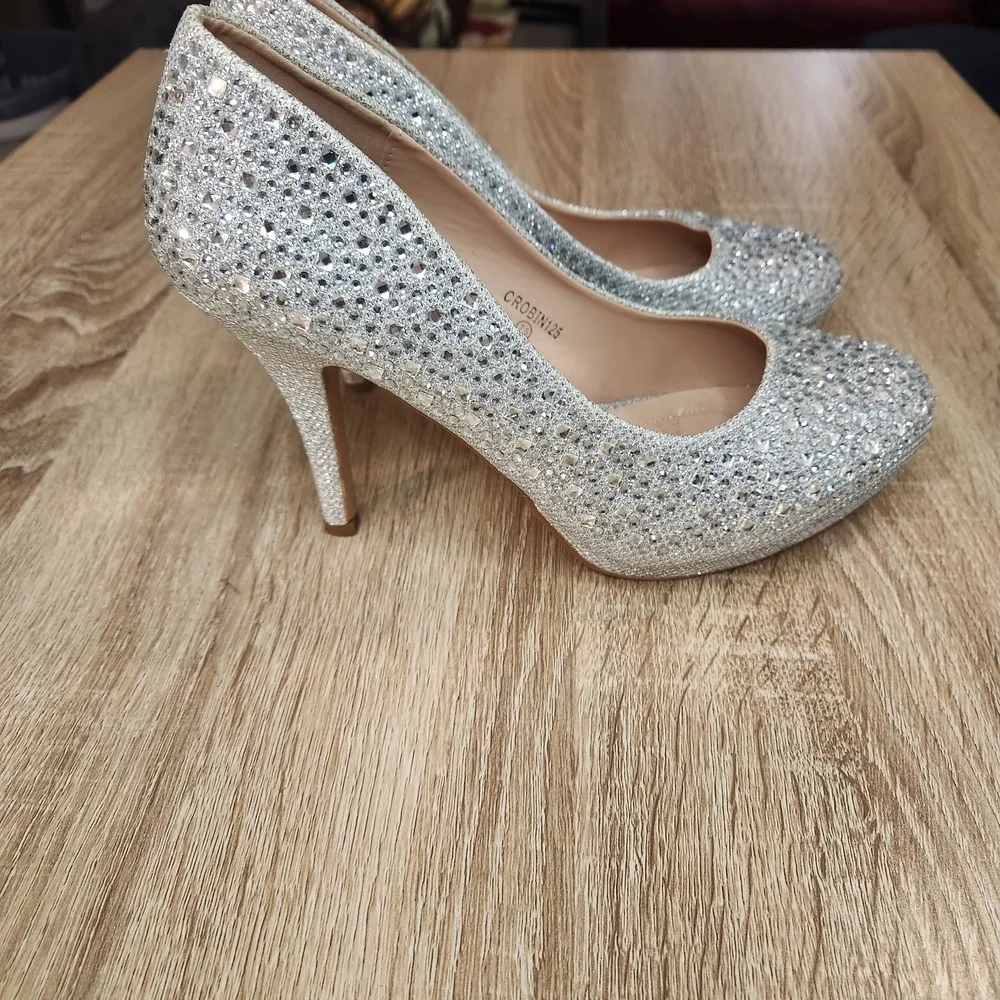 De Blossom Collection silver rhinestone platform high heels
